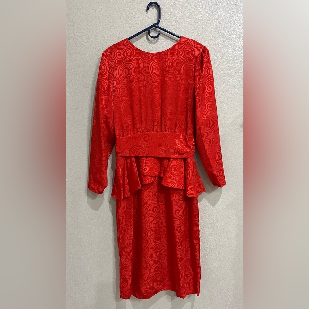 Vintage Elegant Womens Poplin Red Swirl Pattern Midi Dress Sz 14 Back Zip Formal